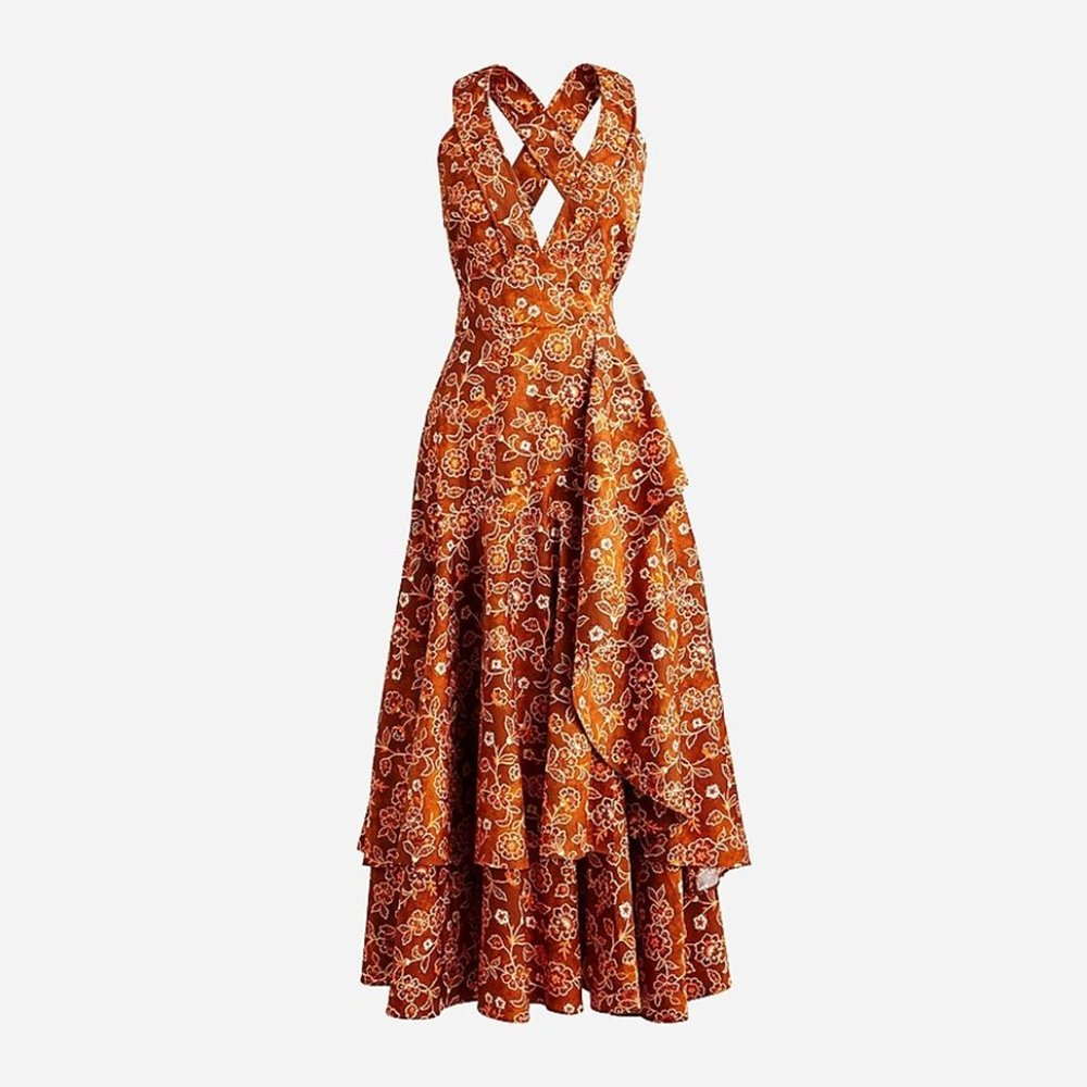 J CREW CROSS-BACK  RUFFLE-HEM DRESS IN VINTAGE VINES